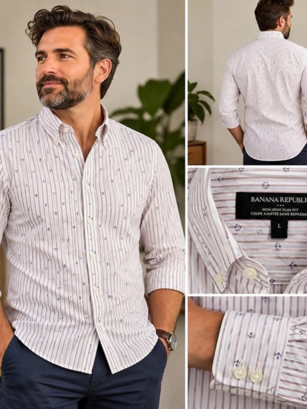 Banana Republic Men’s Non-Iron Slim Fit Anchor Print Shirt Large